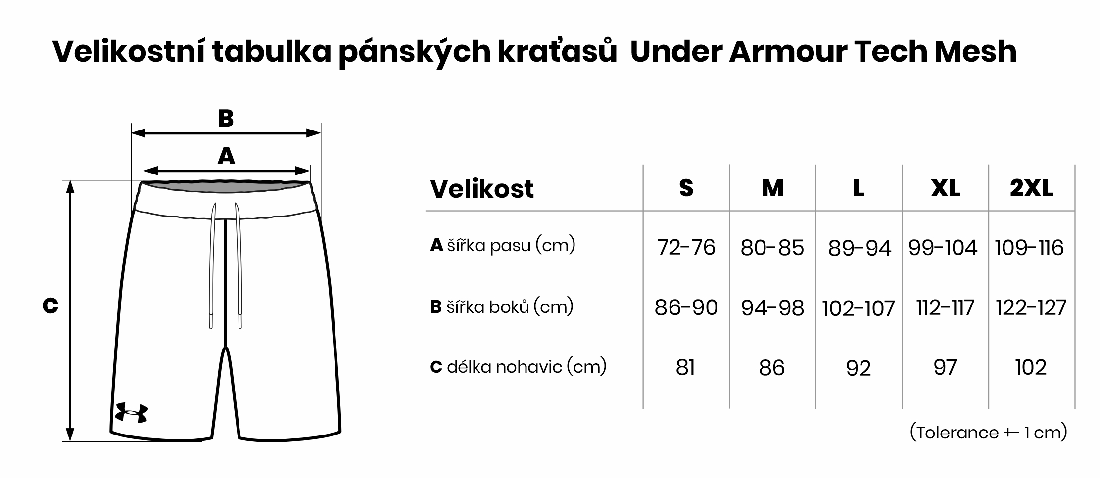 Velikostní tabulka pánských kraťasů  Under Armour Tech Mesh